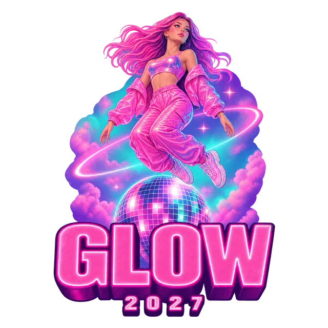 Logo laget av prompten «en jente som svever over en diskokule, teksten Glow 2027 i tykke rosa bokstaver»