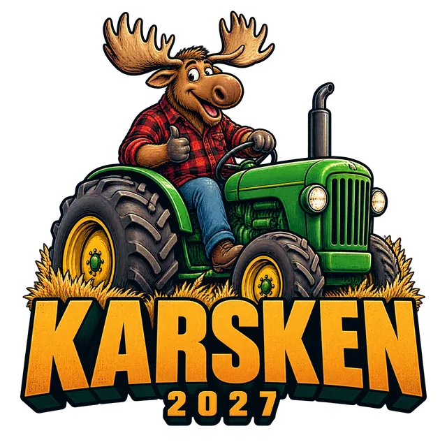 Logo laget av prompten «en elg i flanellskjorte som sitter på en traktor i en åker, teksten Karsken 2027»