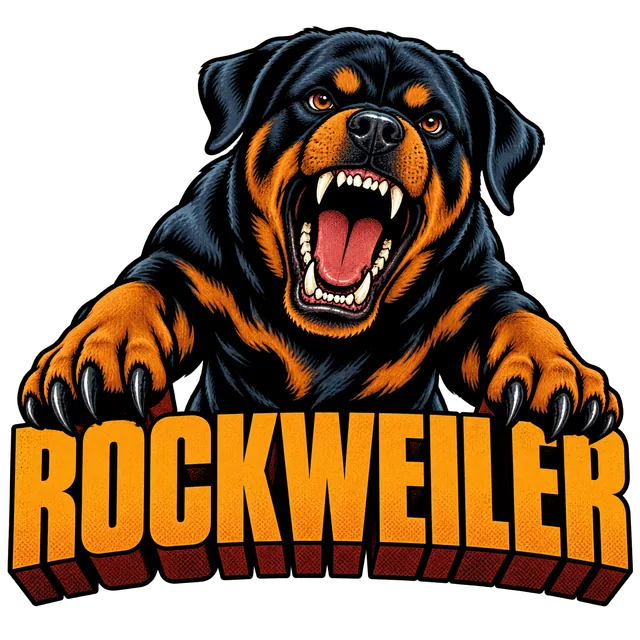 Logo laget av prompten «sint rottweiler med åpen kjeft som logo, står Rockweiler under»